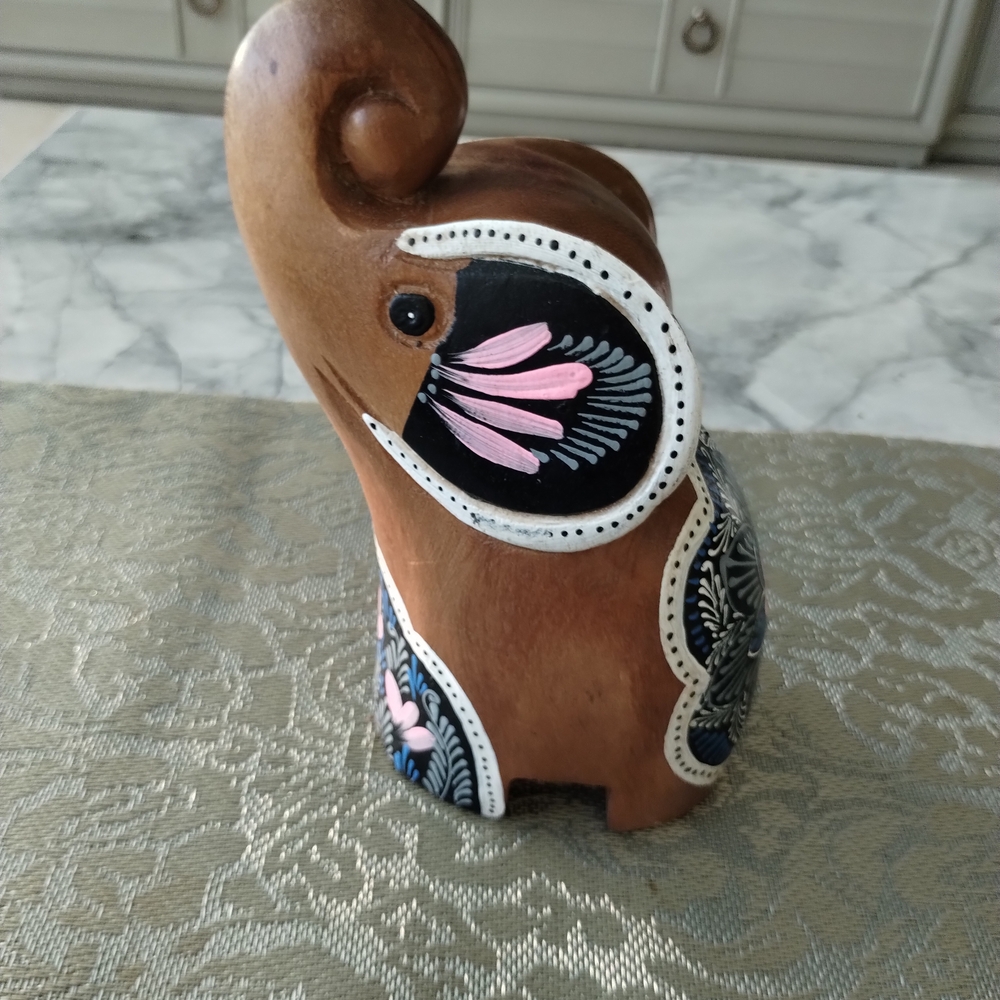 Handcrafted Brown Elephant Figurine with Pink and Black Accents